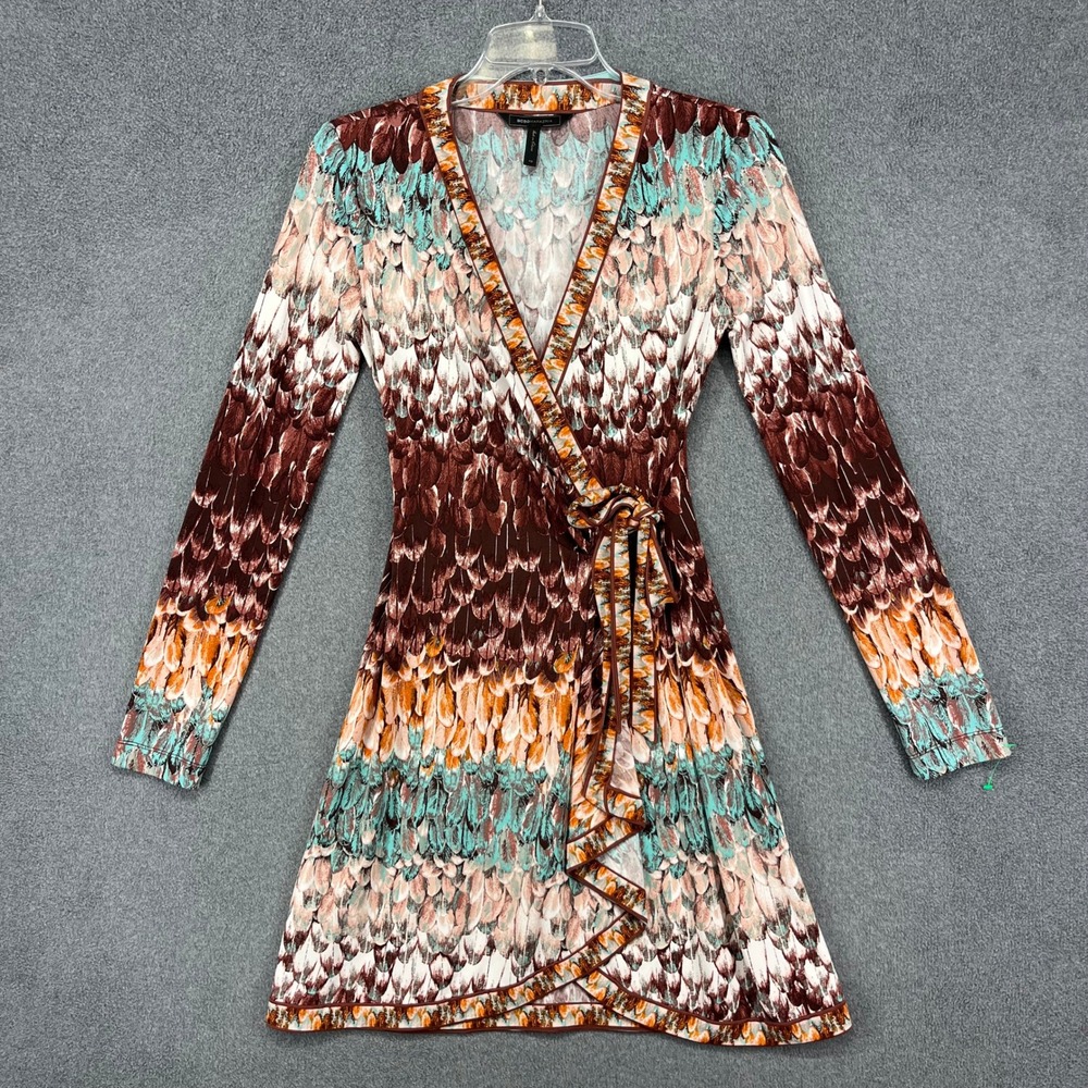 BCBGMAXAZRIA Adele Wrap Dress Womens XS Brown Teal Feather Print Mini V-Neck